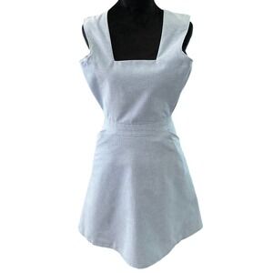 Light‎ Blue Oxford Pinafore Dress Square Neck Sleeveless A-Line Zipper Pocket